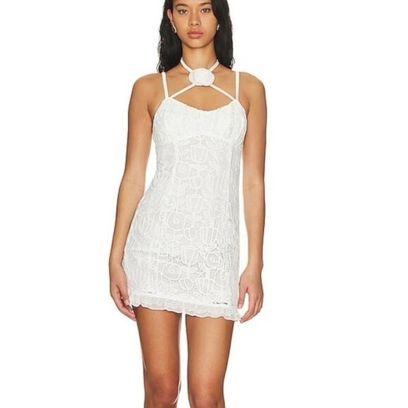 For Love & Lemons NWT White Lace Floral Choker Neck Harriet Mini Dress Medium - Picture 4 of 14